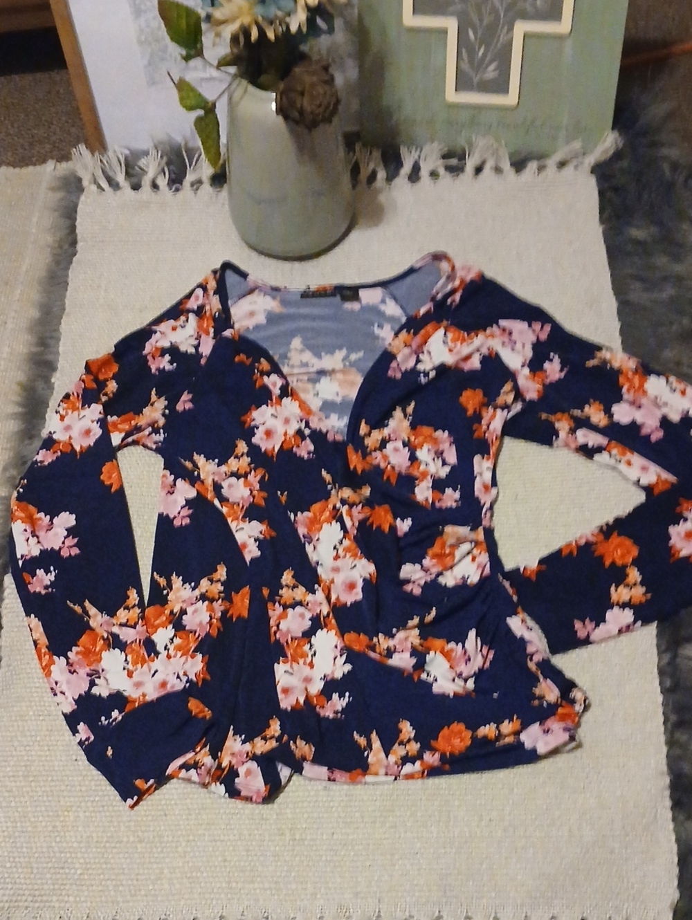 Tahari Navy Floral Wrap Top with Pink & Orange Blooms